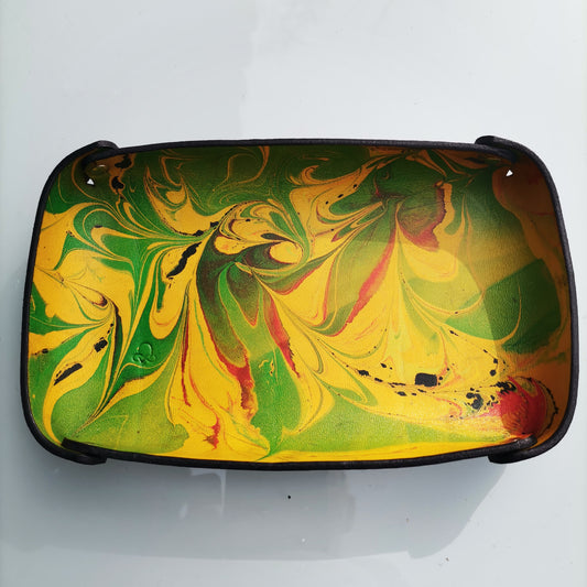 Leather Tray with red gold and green marbling