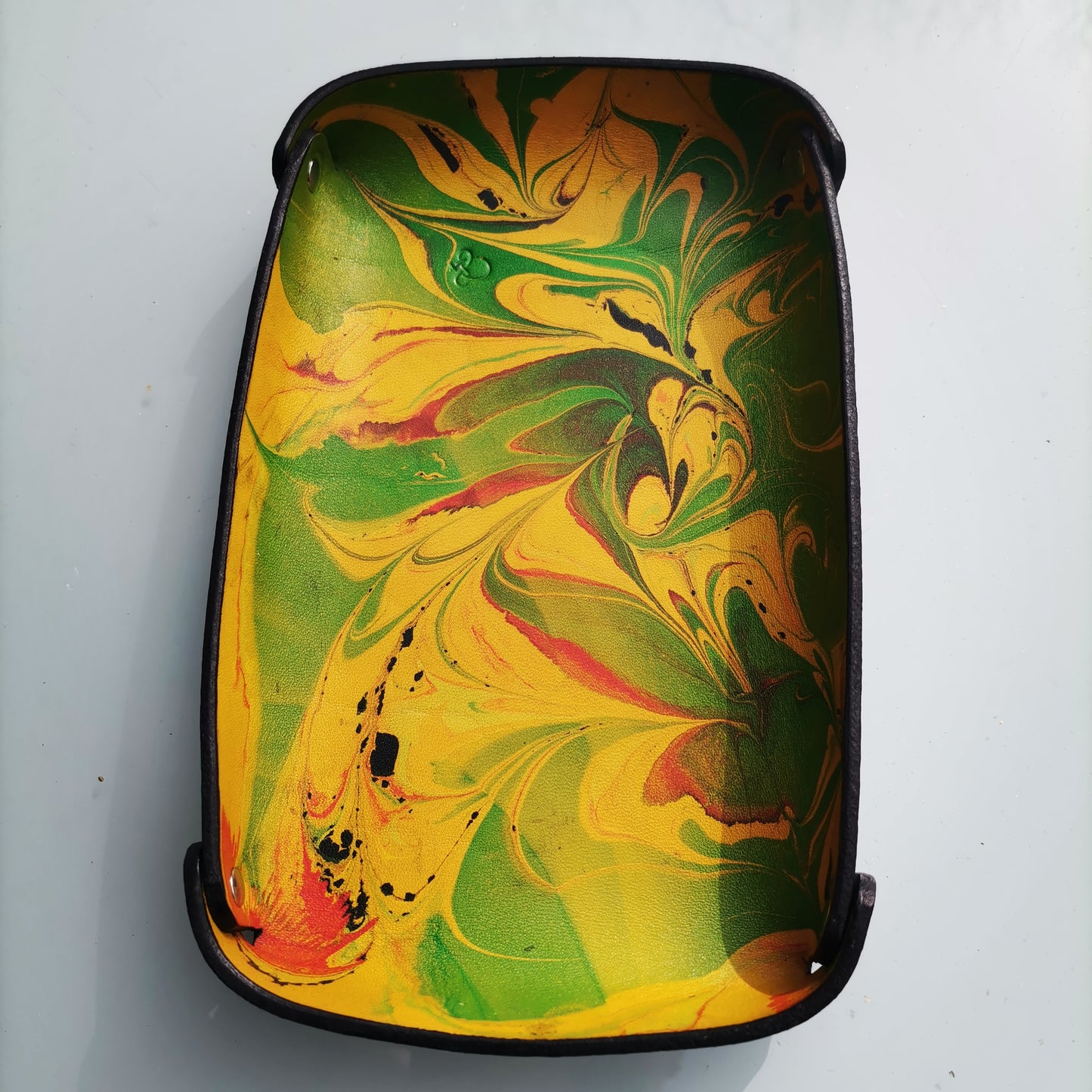 Leather Tray with red gold and green marbling