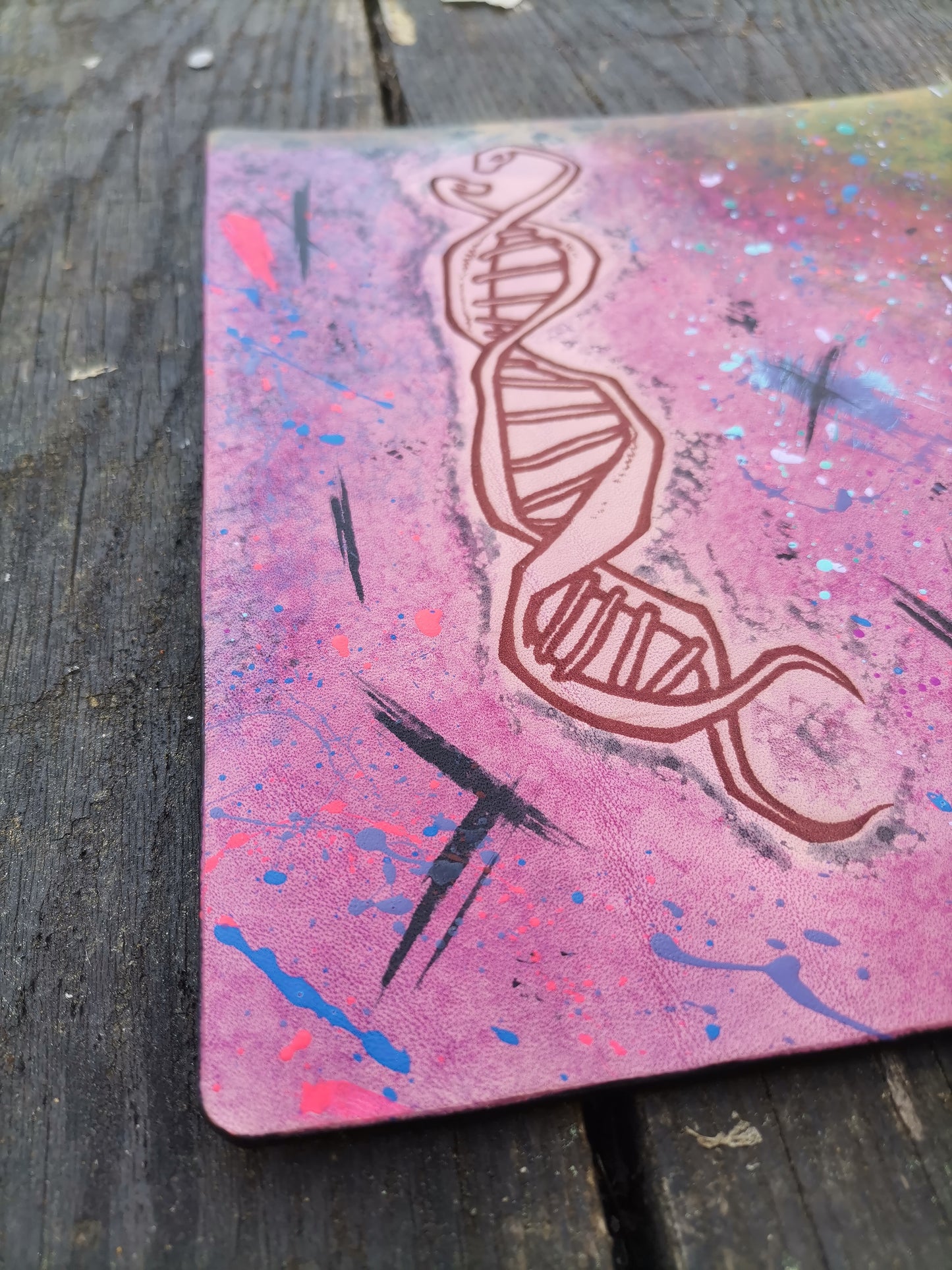 Leather Moodmat with pink marbling and DNA snake engraving