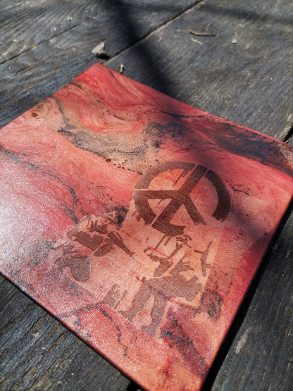 Leather Moodmat with red marbling and Peace engraving