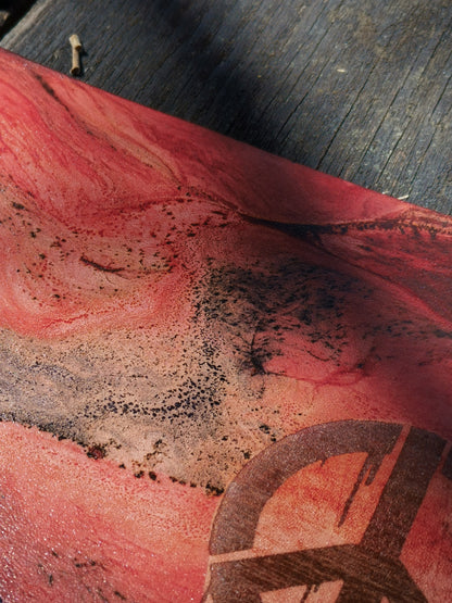 Leather Moodmat with red marbling and Peace engraving