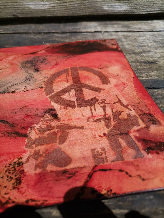 Leather Moodmat with red marbling and Peace engraving